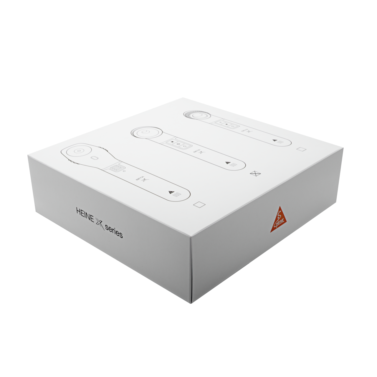 The image shows the packaging of the HEINE BETA X otoscope. The box is white with minimalistic design elements, featuring the product name and brand logo prominently.