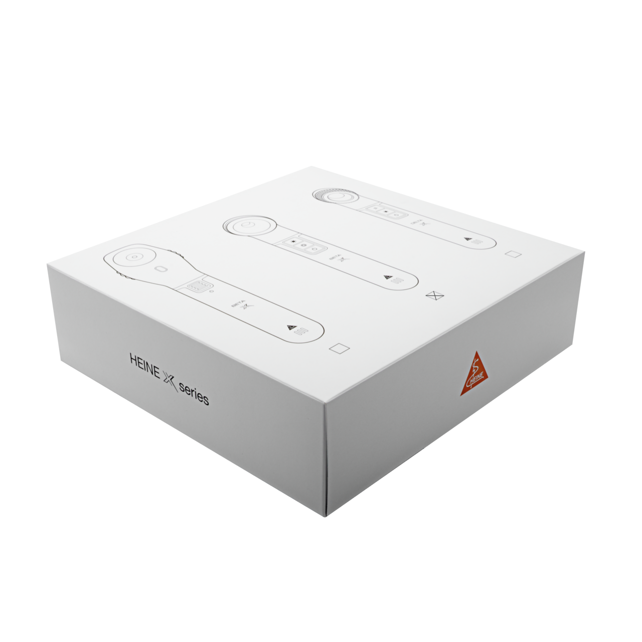 The image shows the packaging of the HEINE BETA X otoscope. The box is white with minimalistic design elements, featuring the product name and brand logo prominently.