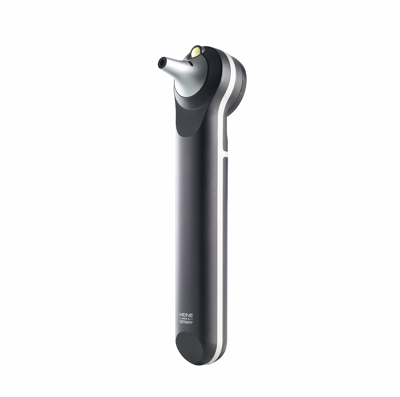 The image shows a HEINE BETA X otoscope, a sleek and modern medical device used for examining ears. It features a compact design with a metallic finish.