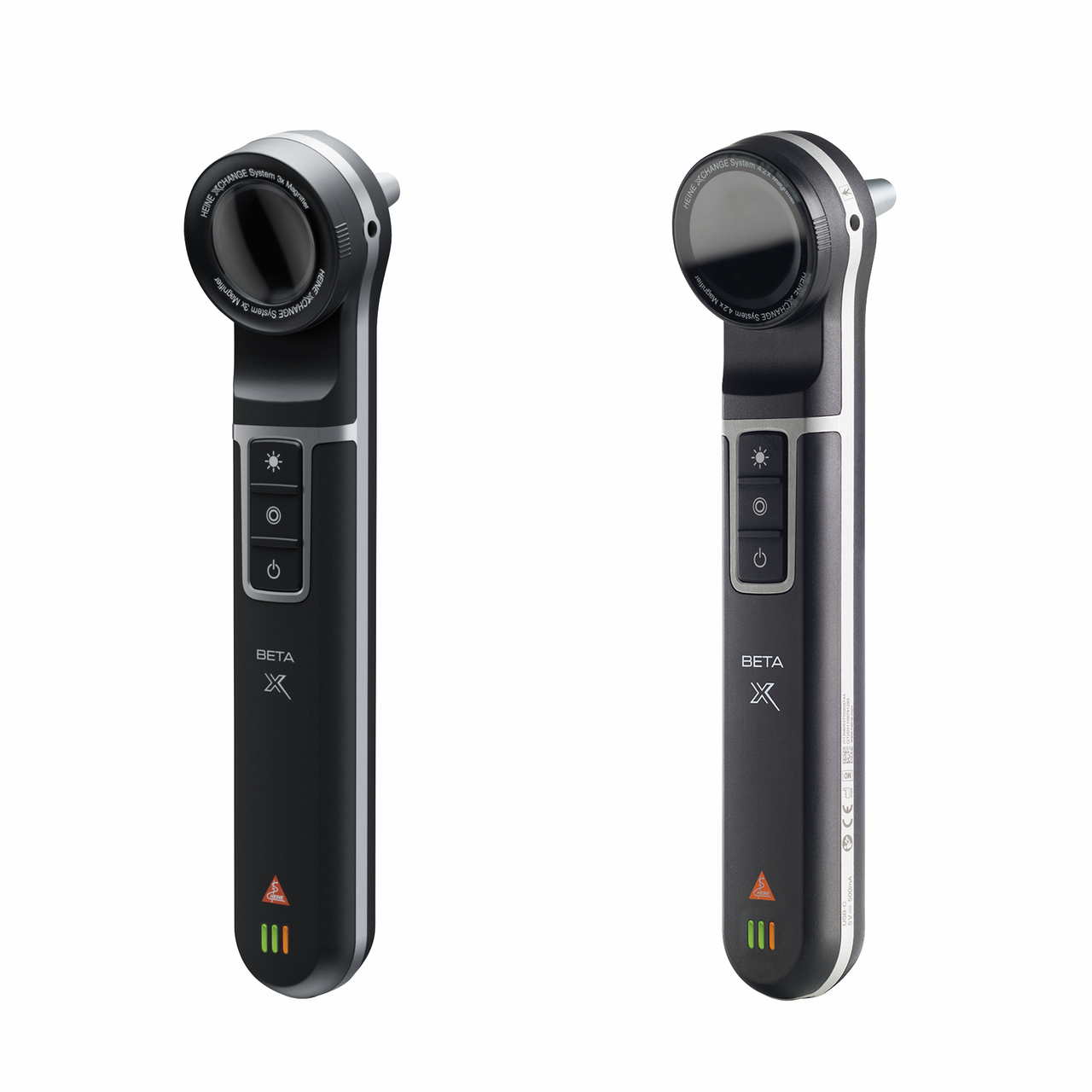 HEINE BETA X Otoscope The image shows two HEINE BETA X otoscopes, sleek and modern in design. They feature a black finish with control buttons on the handle, ideal for medical examinations.