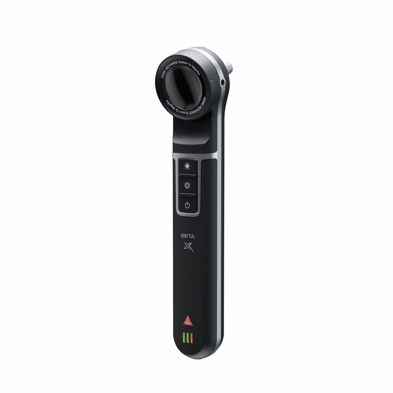 The image shows a HEINE BETA X otoscope, a sleek, modern medical device used for examining ears. It features a black handle with control buttons and a lens at the top.