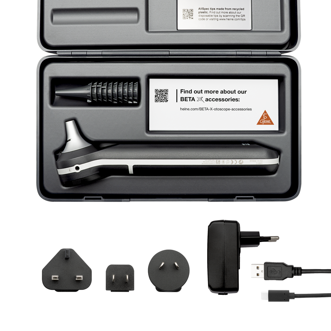 The image shows a HEINE BETA X otoscope set, featuring a sleek, metallic otoscope with a black handle, neatly placed in a protective case. The set includes a charger and USB cables, ideal for medical professionals.