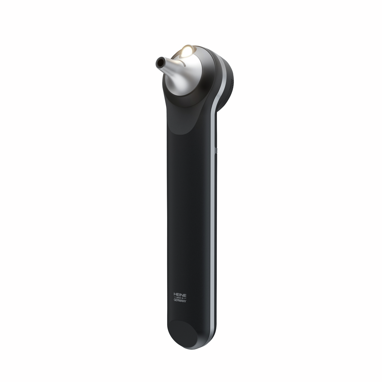 The image shows a HEINE BETA X otoscope, a sleek, handheld medical device used for examining ears. It features a black ergonomic handle and a silver examination head.