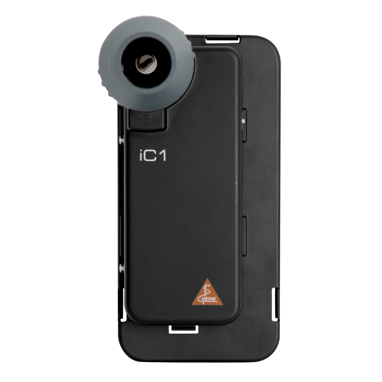 The image shows the HEINE iC1 dermatoscope, a sleek, black medical device designed for skin examination. It features a lens attachment and compact design, ideal for professional use.