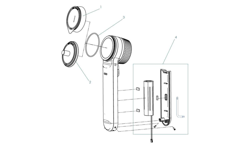 Exploded view with numbered spare parts for HEINE DELTA 30 Dermatoscope