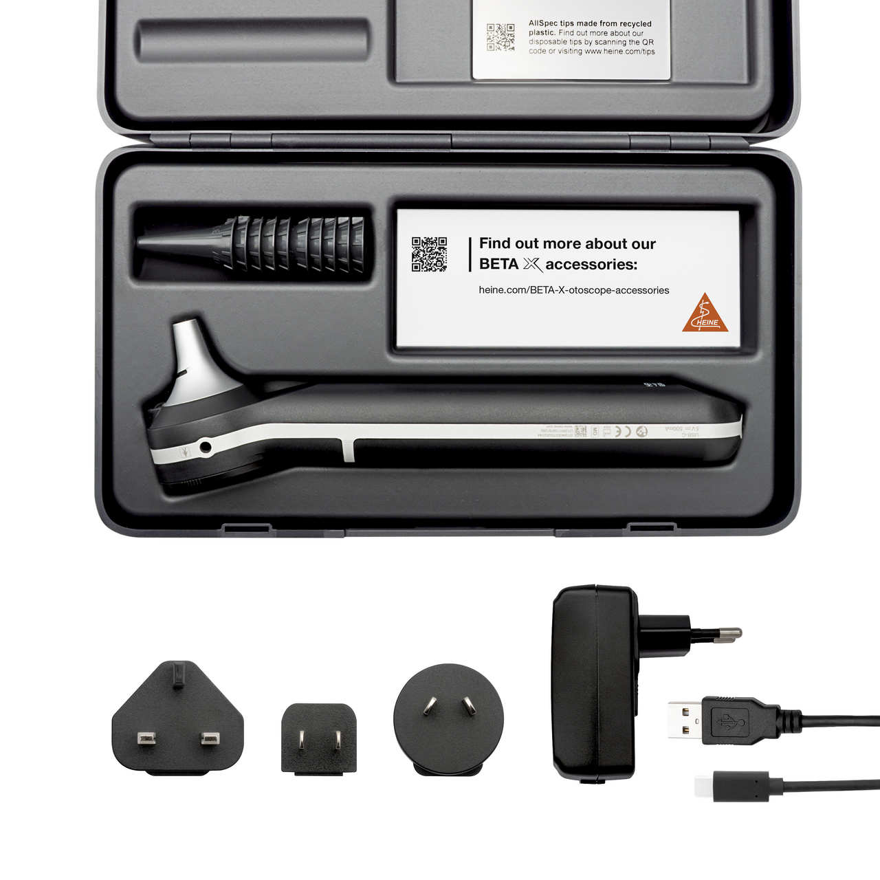 The image shows a HEINE BETA X otoscope set, featuring a sleek, metallic otoscope with a black grip, neatly placed in a protective case. The set includes a USB charger and cable, ideal for medical professionals.