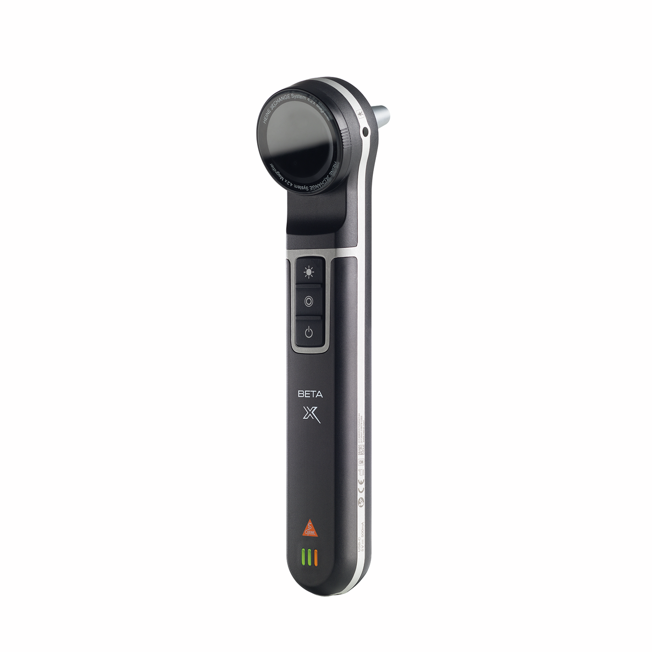 The image shows a HEINE BETA X otoscope, a sleek and modern medical device used for examining ears. It features a black handle with a circular head, designed for precision and ease of use in medical settings.