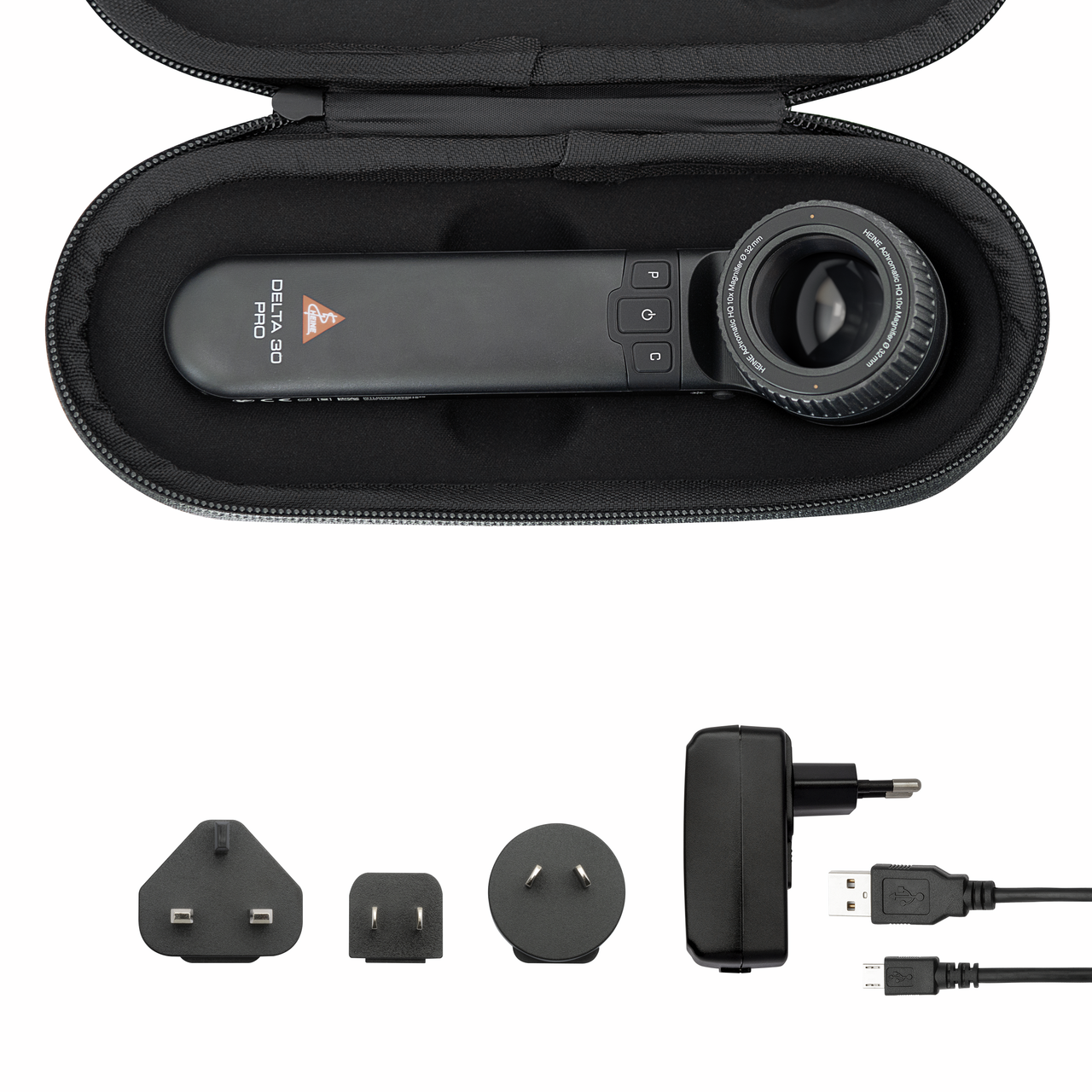 Das Bild zeigt ein HEINE DELTA 30 PRO Dermatoskop in einem schützenden Etui. Das Gerät ist mit einem Ladegerät und einem USB-Kabel ausgestattet, ideal für präzise Hautuntersuchungen.